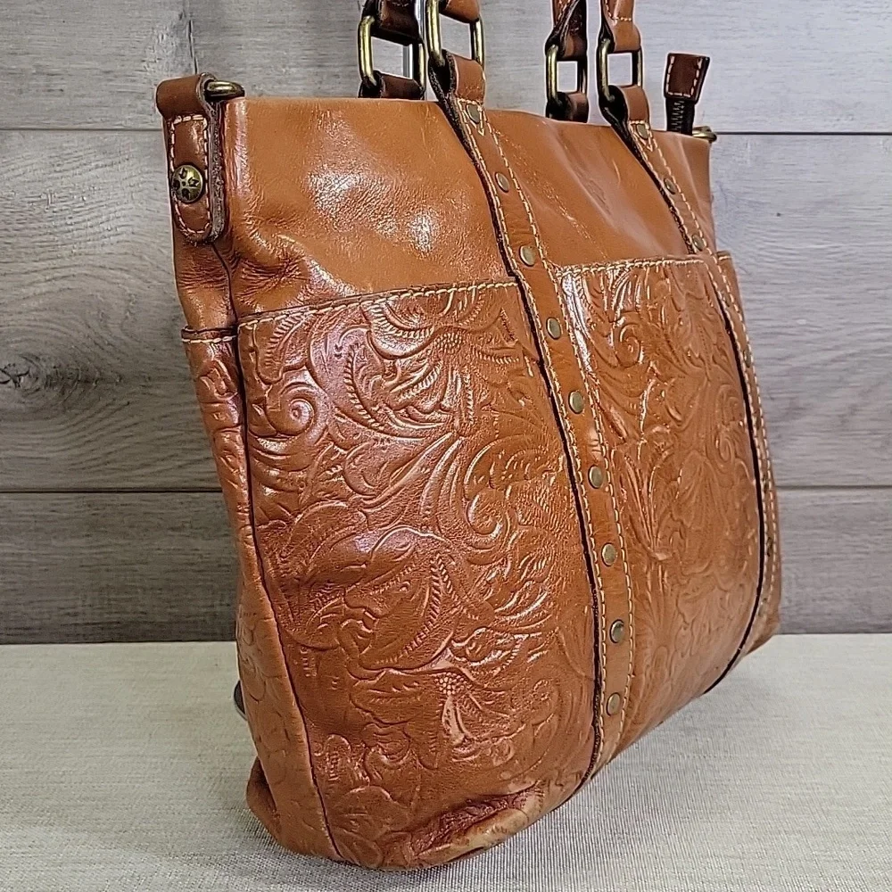 Patricia Nash Talloria Tooled Brown Leather Tote Shoulder Bag Handbag Purse